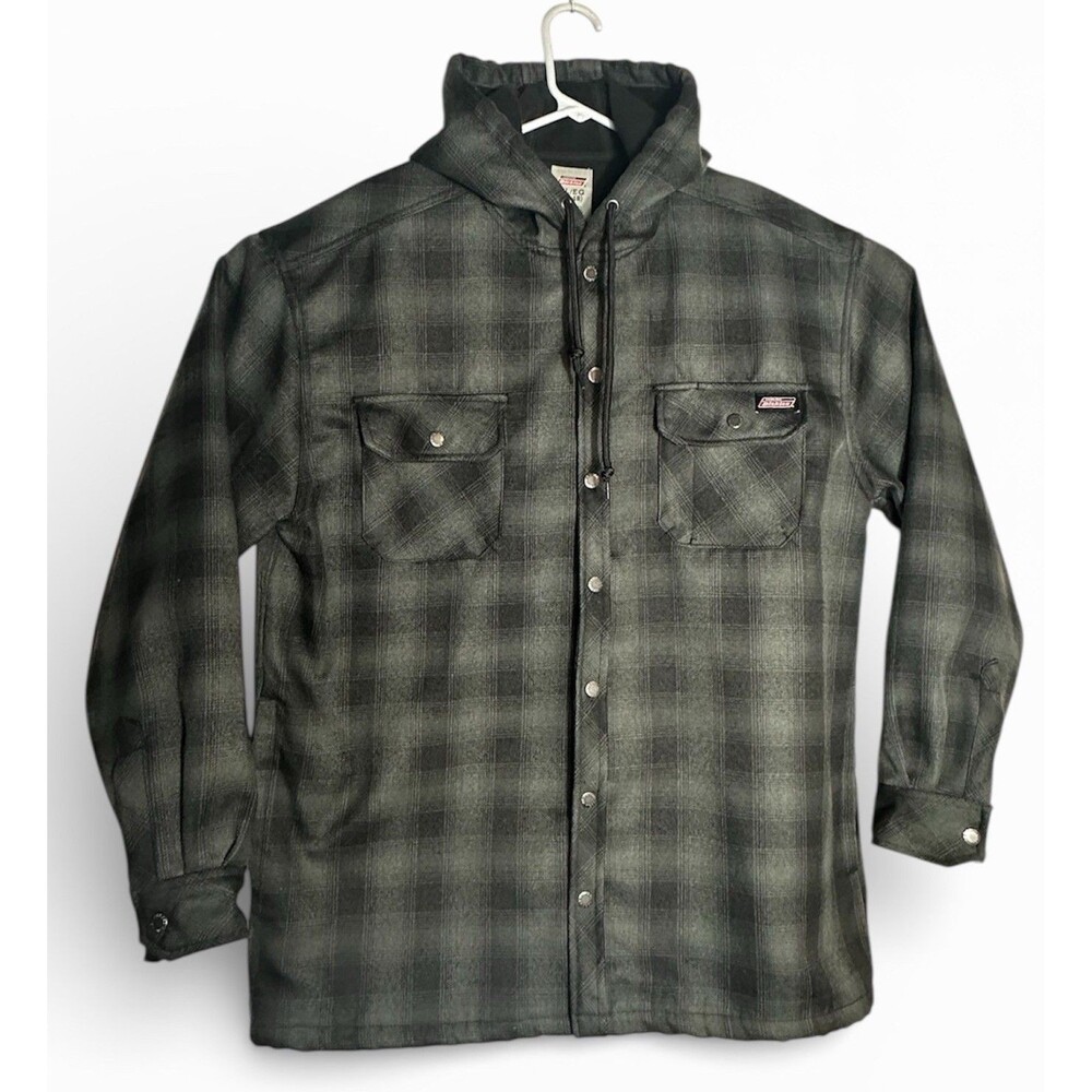 Dickies Flannel Jacket Mens XL Gray Plaid Snap On Fleece Lined Hooded GD5401